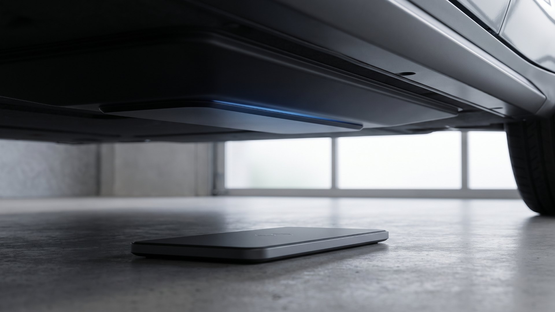 Floor-level view of an electric SUV underbody above a wireless charging floor plate, showing the air gap