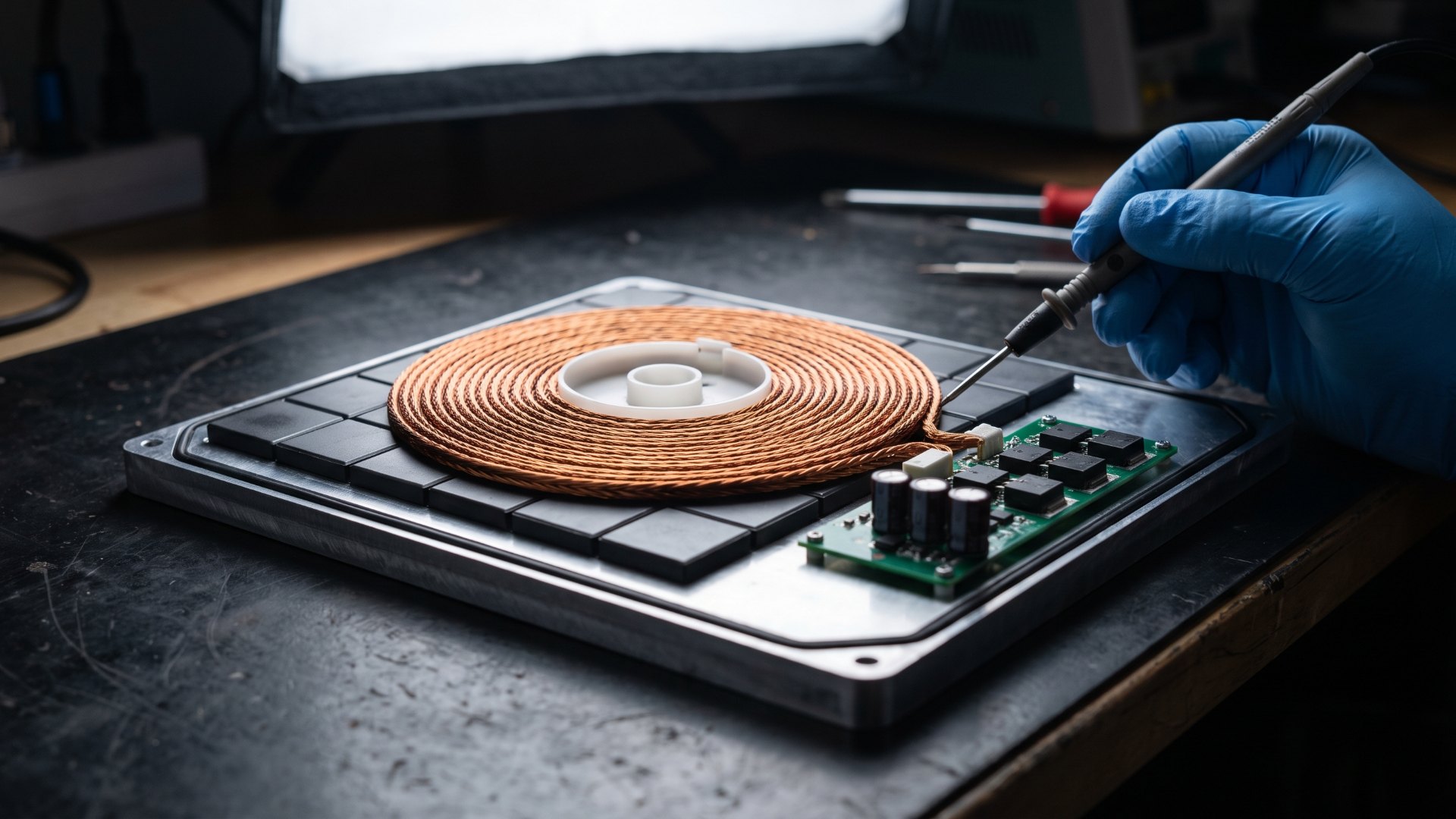 Engineer working on the copper coil and power electronics of an opened wireless EV charging pad
