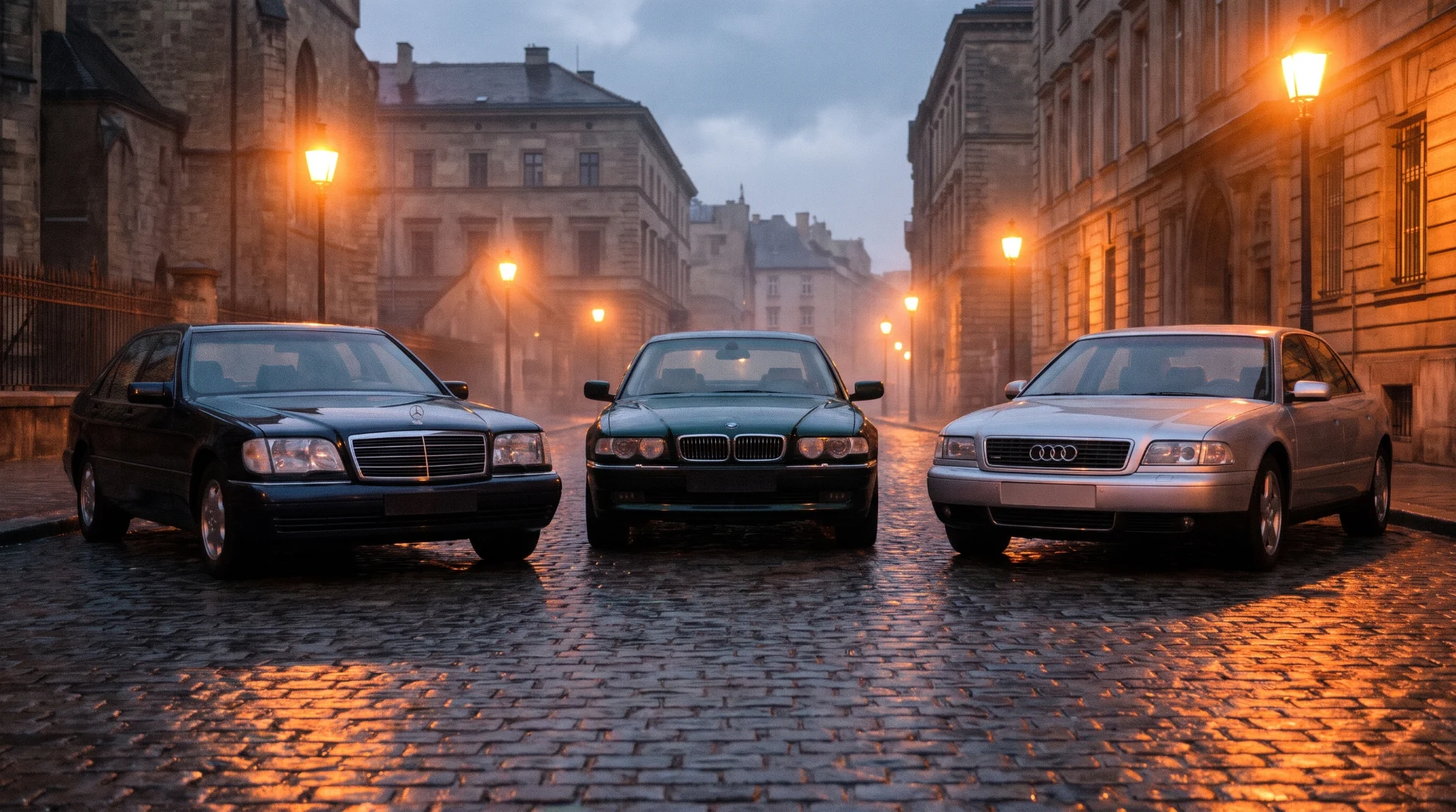 Illustration of a Mercedes-Benz W140, BMW E38 and Audi A8 D2 parked on a wet cobblestone street at dusk
