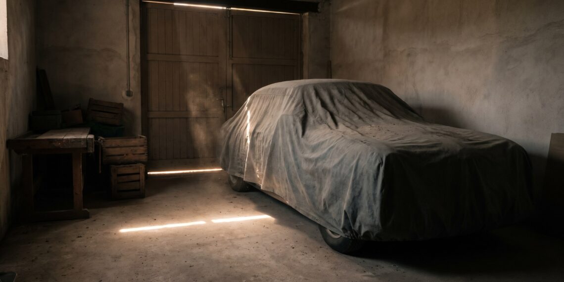 Illustration of a car hidden under a dusty cover in a dim, shuttered garage