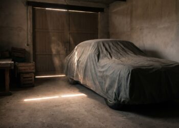 Illustration of a car hidden under a dusty cover in a dim, shuttered garage