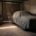 Illustration of a car hidden under a dusty cover in a dim, shuttered garage