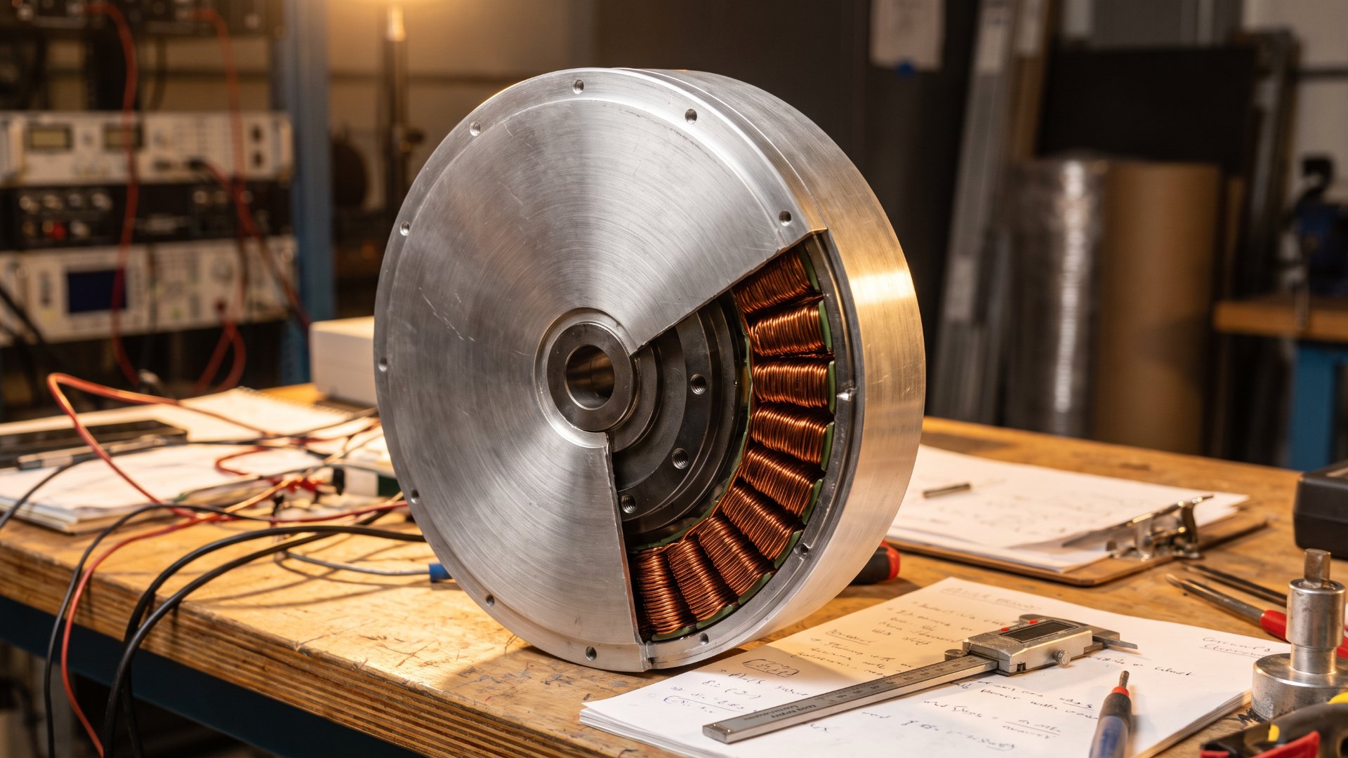 Disc-shaped axial-flux electric motor with a cutaway showing copper windings, on an engineering workbench