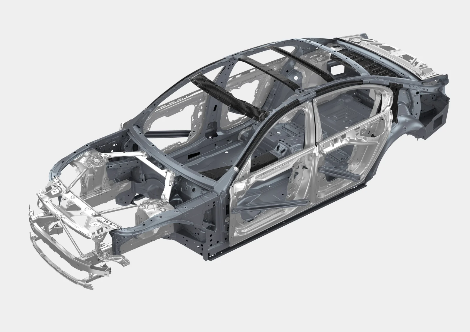 Body-in-white of a BMW 7 Series G11 showing steel, aluminum and dark carbon-fiber components
