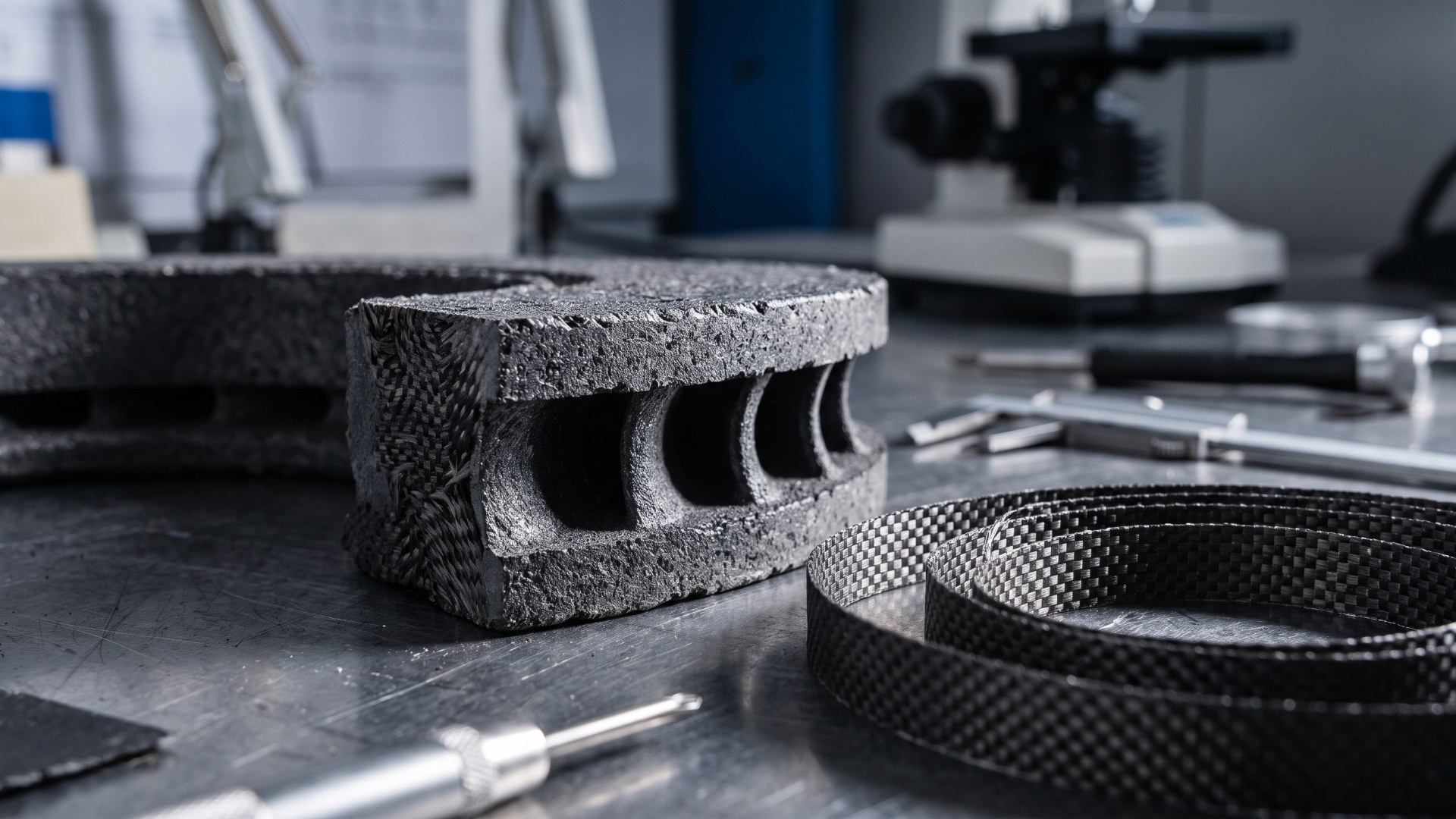 Cut section of a carbon-ceramic brake disc showing its cooling vanes, beside a roll of woven carbon fiber tape