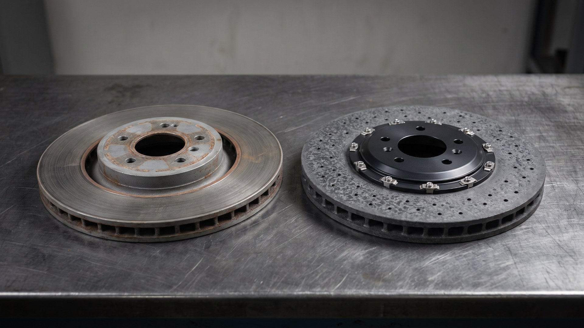 Cast-iron brake disc beside a disc from a set of carbon-ceramic brakes on a workshop bench