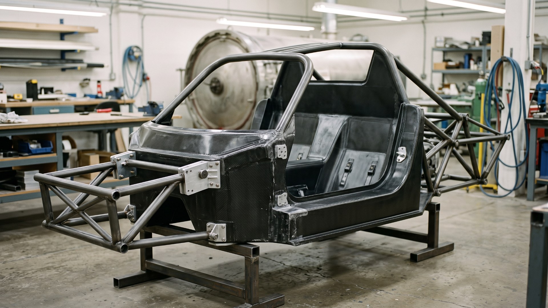 Bare carbon-fiber chassis tub with tubular steel front and rear subframes on stands in a workshop