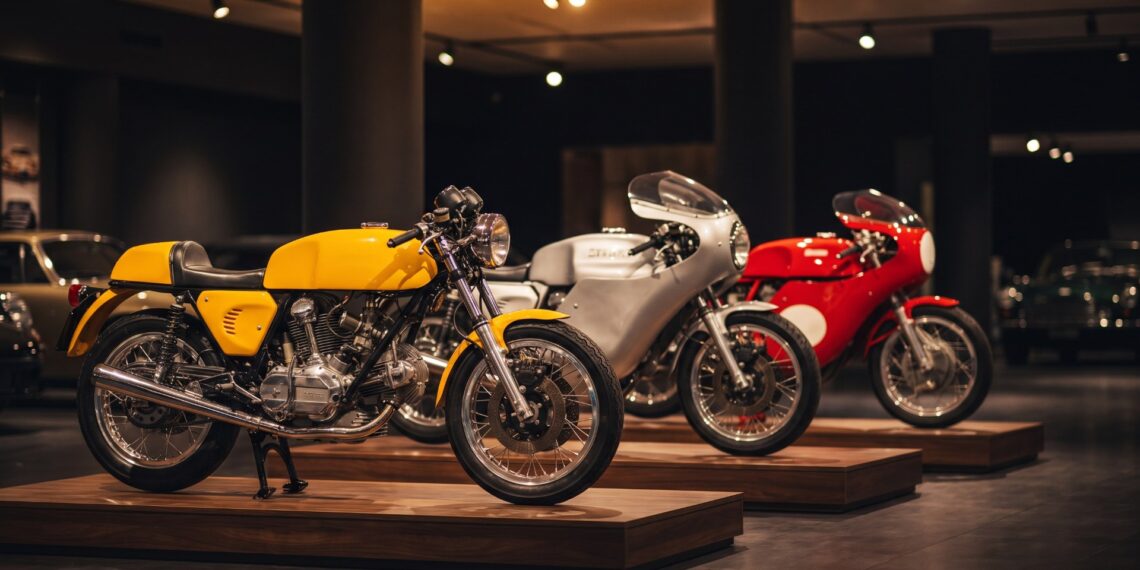 Yellow, silver and red 1970s sport motorcycles displayed on wooden plinths in a dim auction preview hall