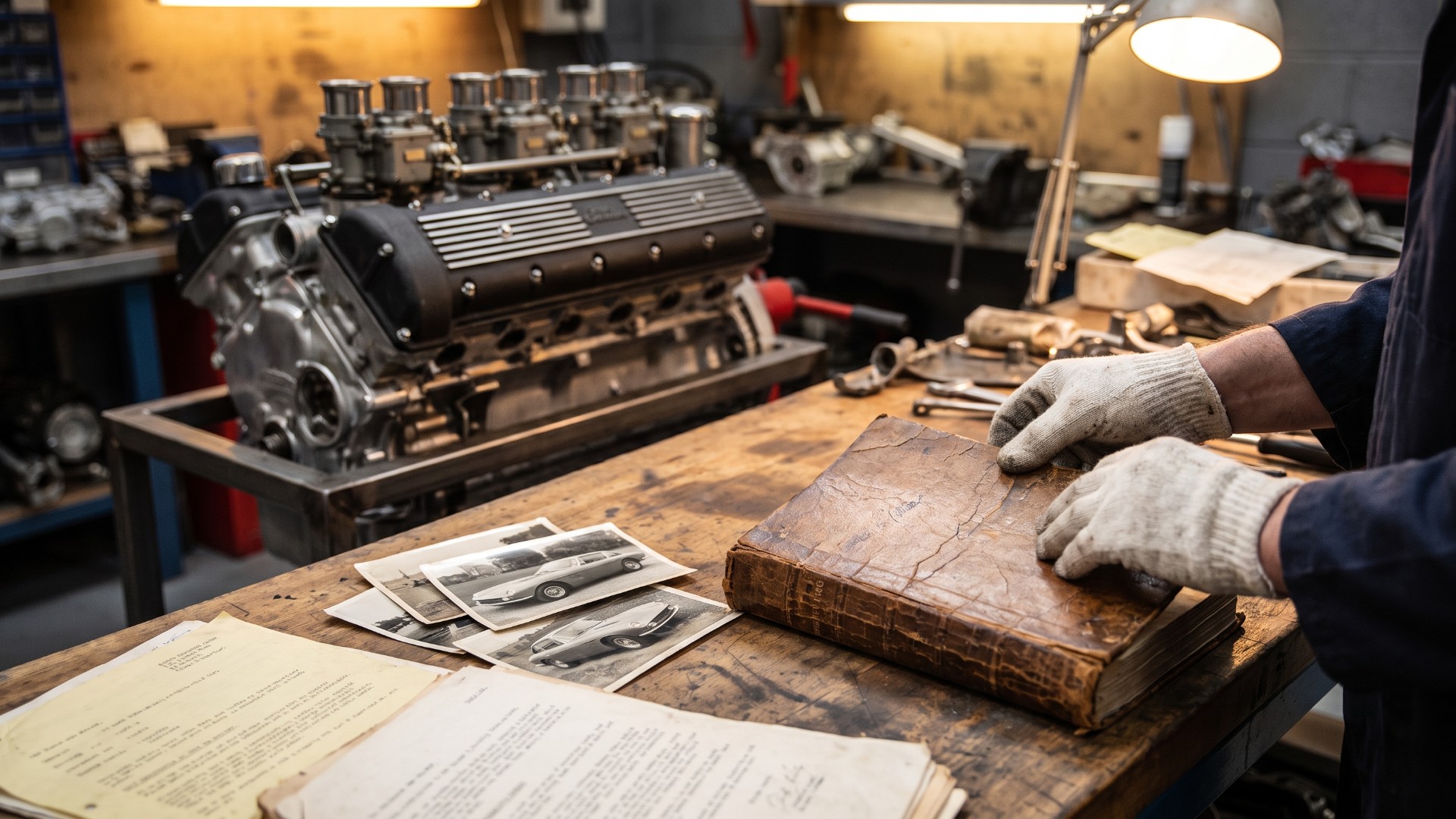 Gloved hands open a worn leather logbook beside period photographs and a V12 engine on a workshop bench