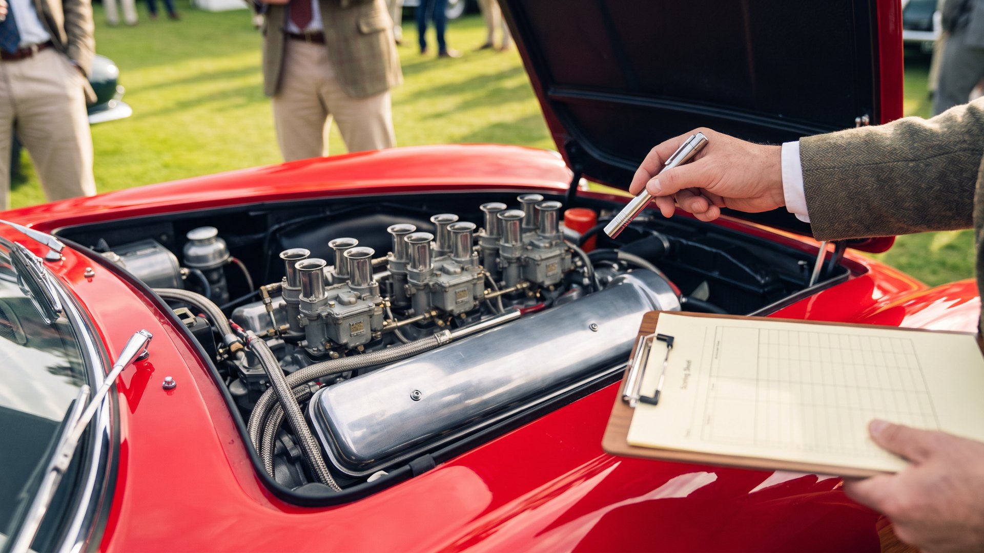 Illustration of a concours judge holding a penlight and scoring clipboard over the open engine bay of a red 1960s Italian V12 grand tourer