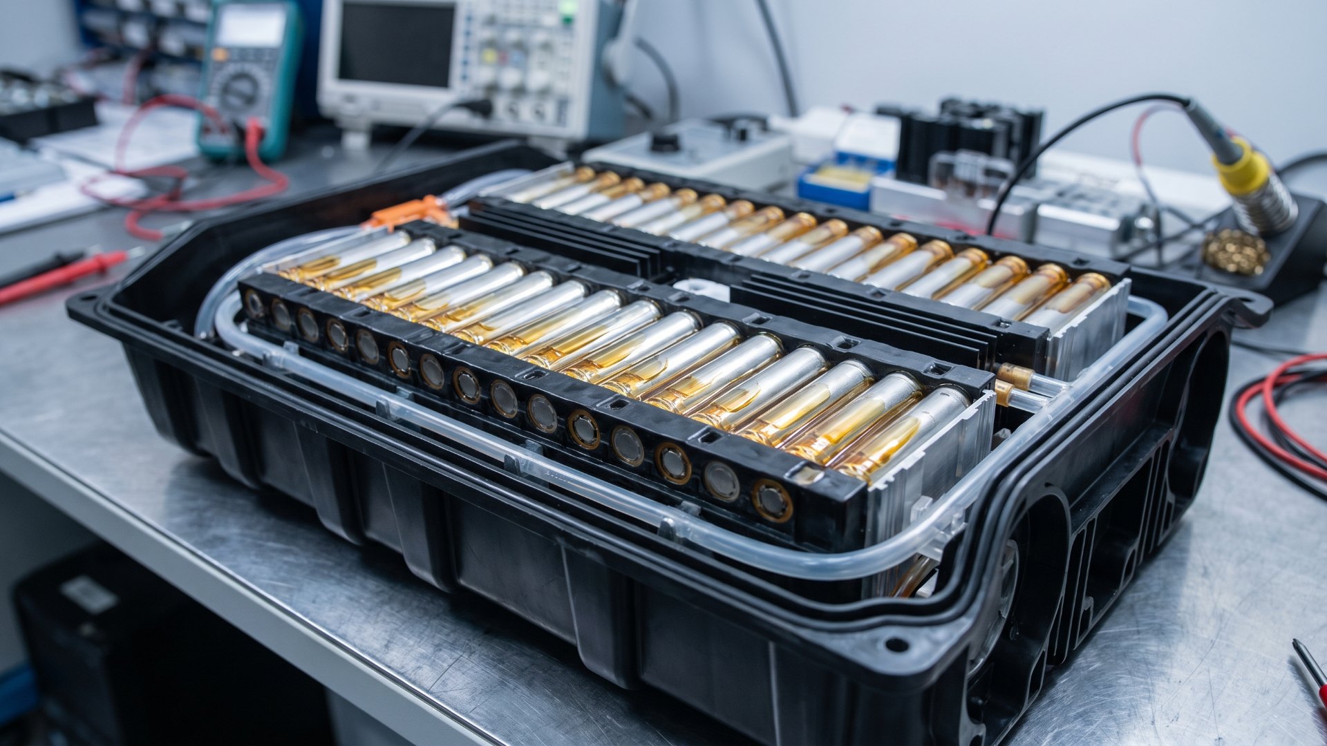 Open battery module with rows of cylindrical lithium-ion cells and cooling lines on a lab bench