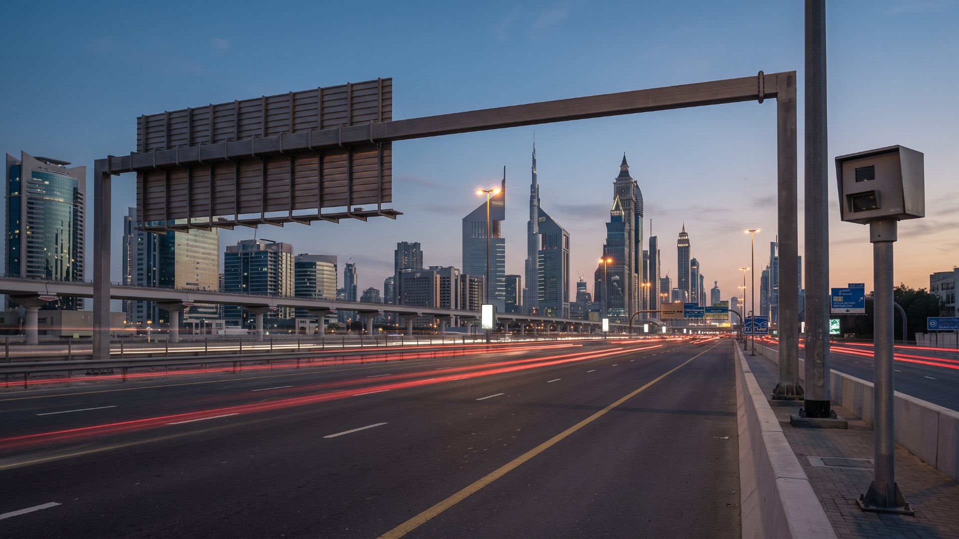 Multi-lane urban highway in Dubai at dusk with a roadside speed camera on a pole and the city skyline in the distance
