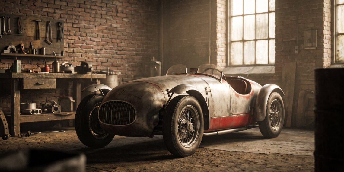 Illustration of an unbadged late-1940s Italian racing barchetta with wire wheels and cycle fenders, parked in a brick-walled workshop in morning light