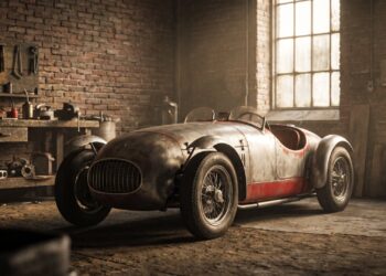 Illustration of an unbadged late-1940s Italian racing barchetta with wire wheels and cycle fenders, parked in a brick-walled workshop in morning light