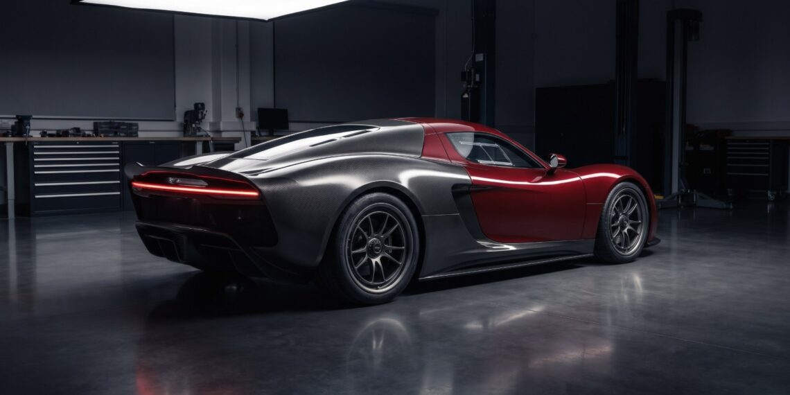 AI-generated illustration of a fictional mid-engine supercar prototype with exposed carbon-fiber rear bodywork in a development studio