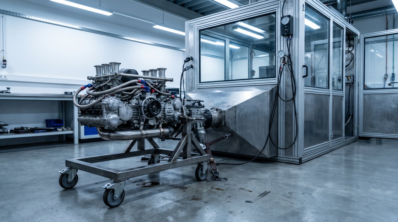 Illustration of an unbranded naturally aspirated flat-six engine beside a dynamometer cell