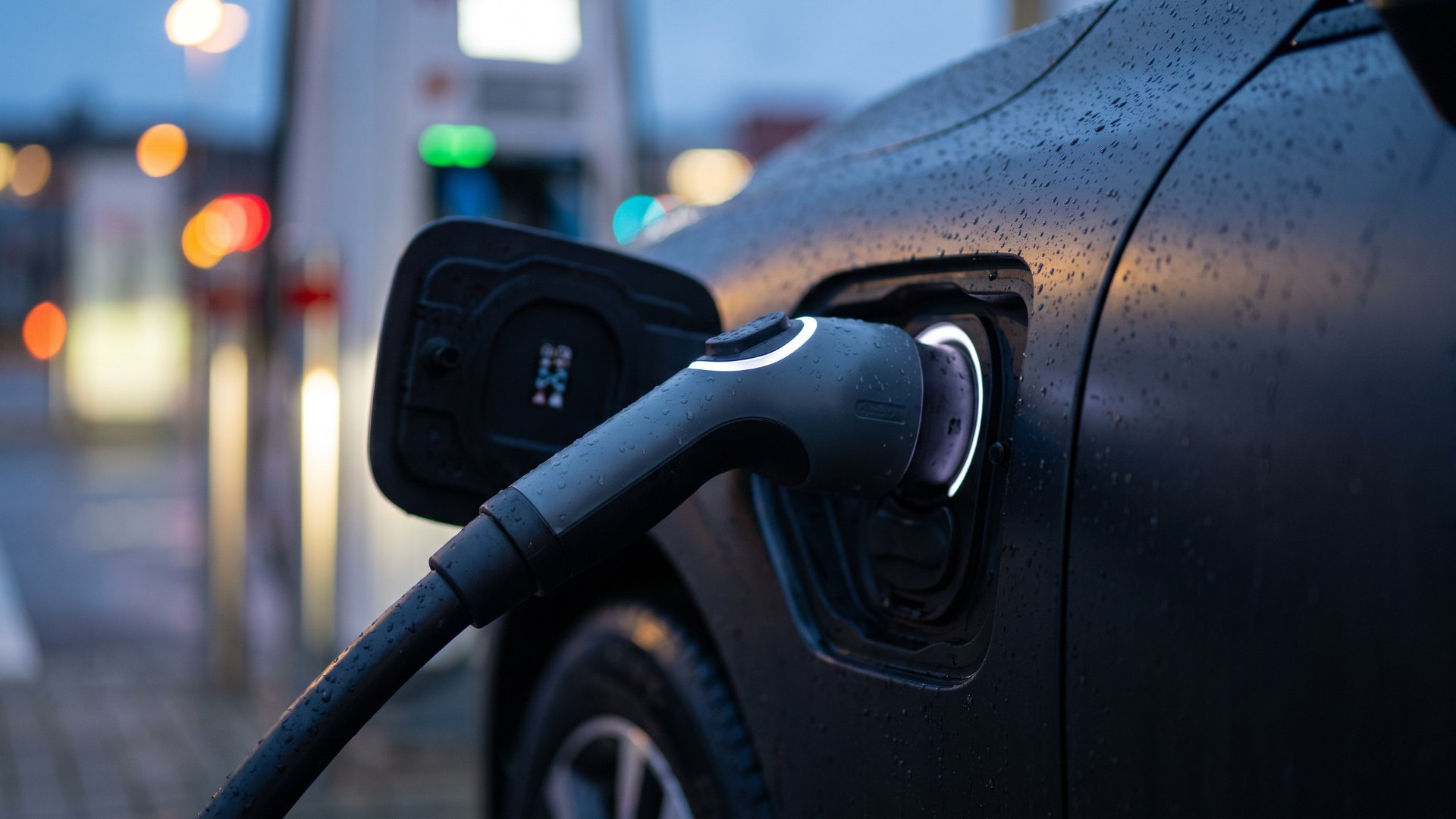 High-power DC charging connector plugged into a dark electric vehicle at dusk