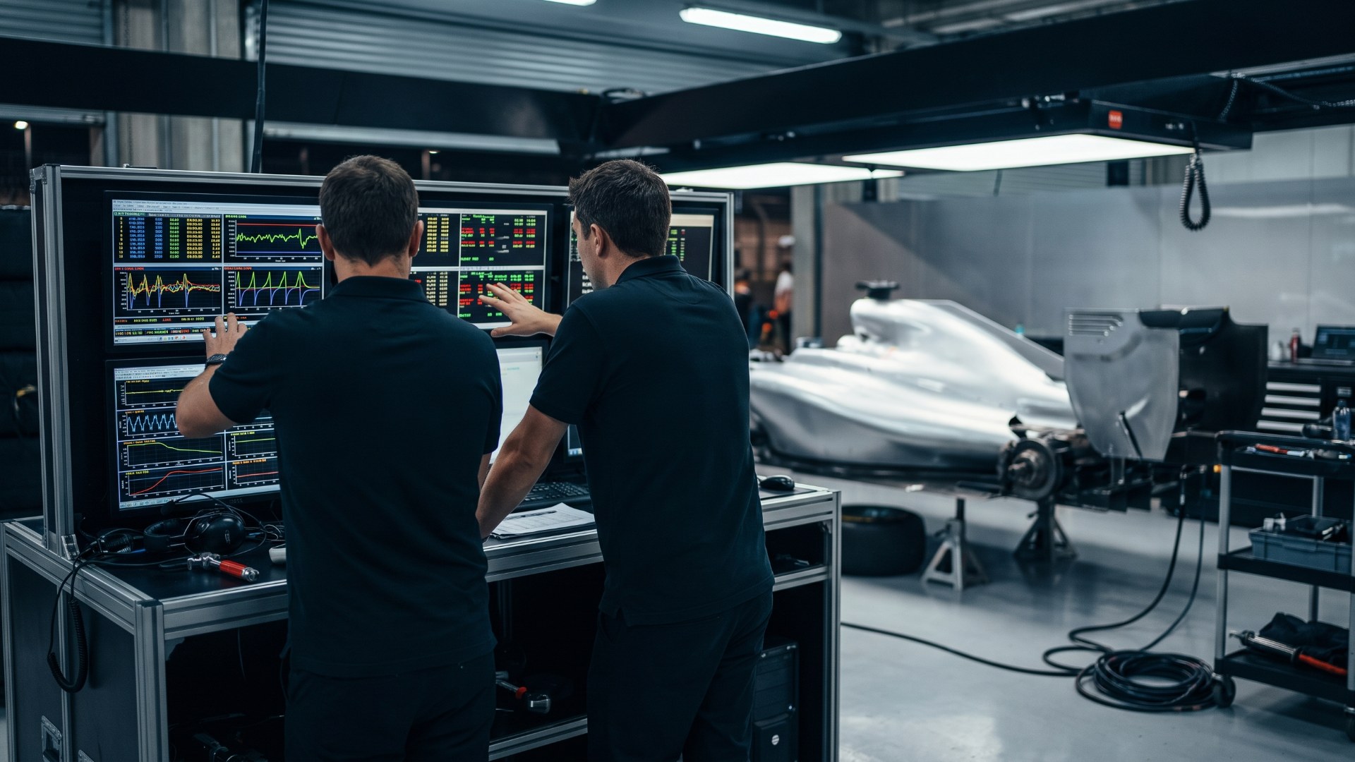 Illustration of two race engineers, seen from behind, studying telemetry graphs on garage monitors