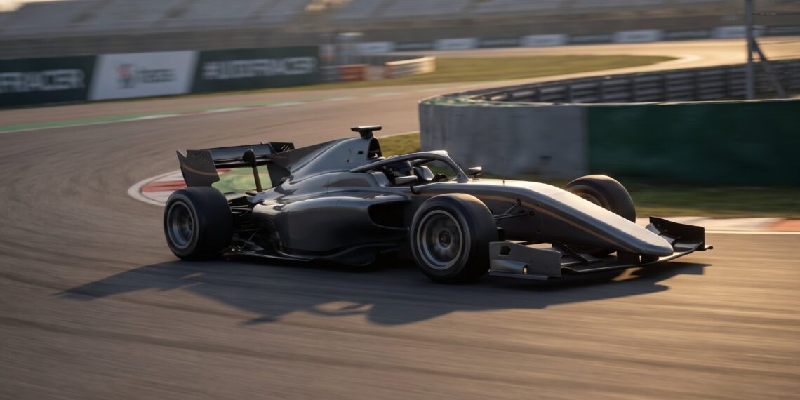 Dark grey open-wheel single-seater with halo cornering on a circuit at sunset