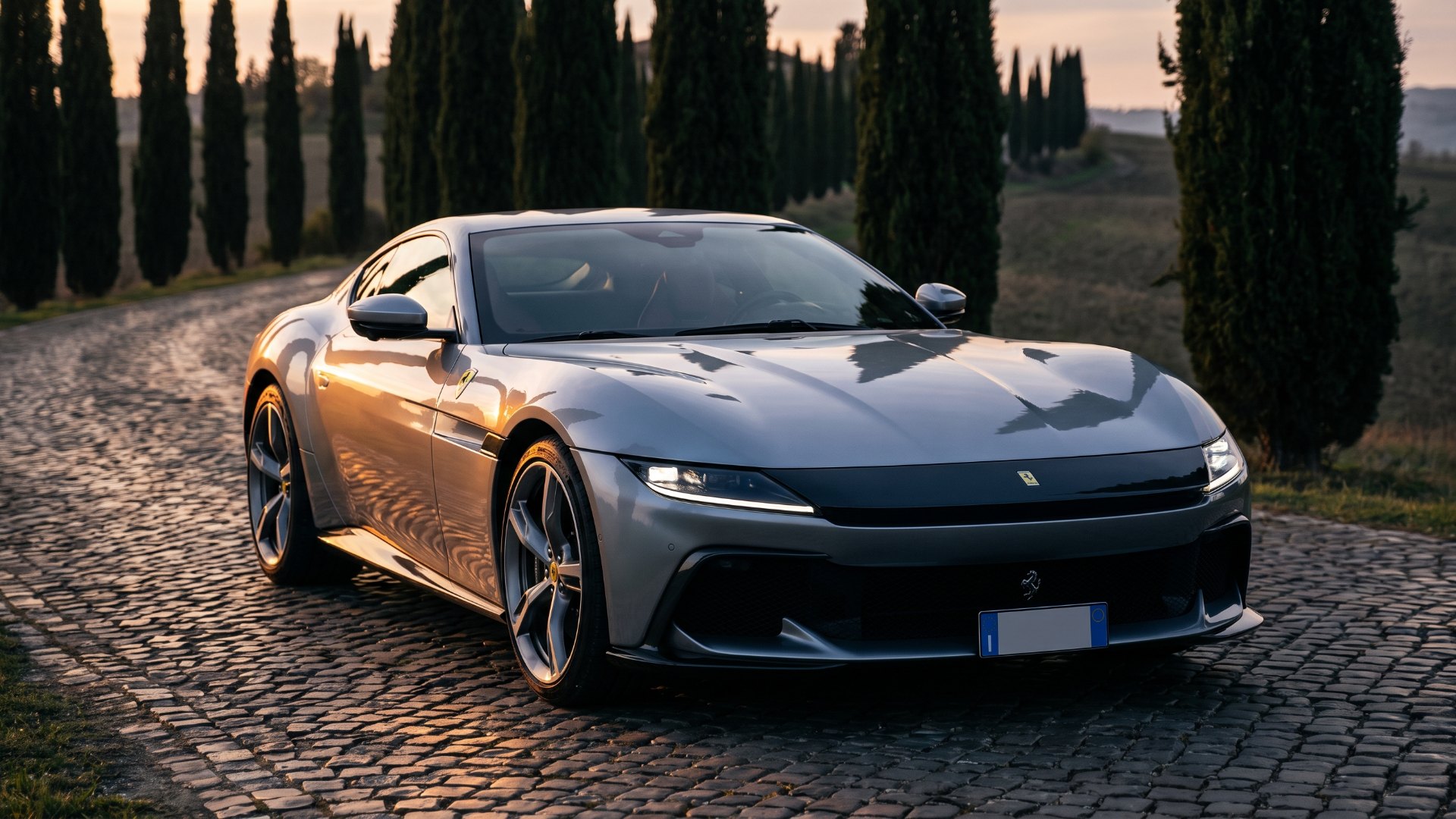 Silver Ferrari 12Cilindri parked on an Italian hillside road at dusk