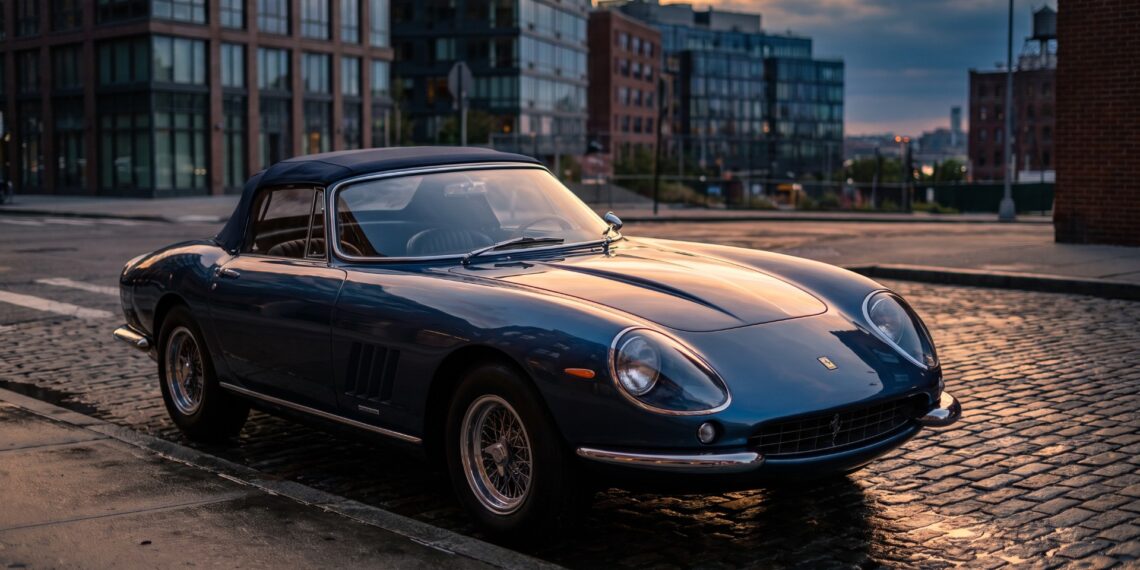 Dark metallic blue 1960s Ferrari 275 NART Spider parked on a cobbled Manhattan street at dusk