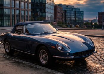 Dark metallic blue 1960s Ferrari 275 NART Spider parked on a cobbled Manhattan street at dusk