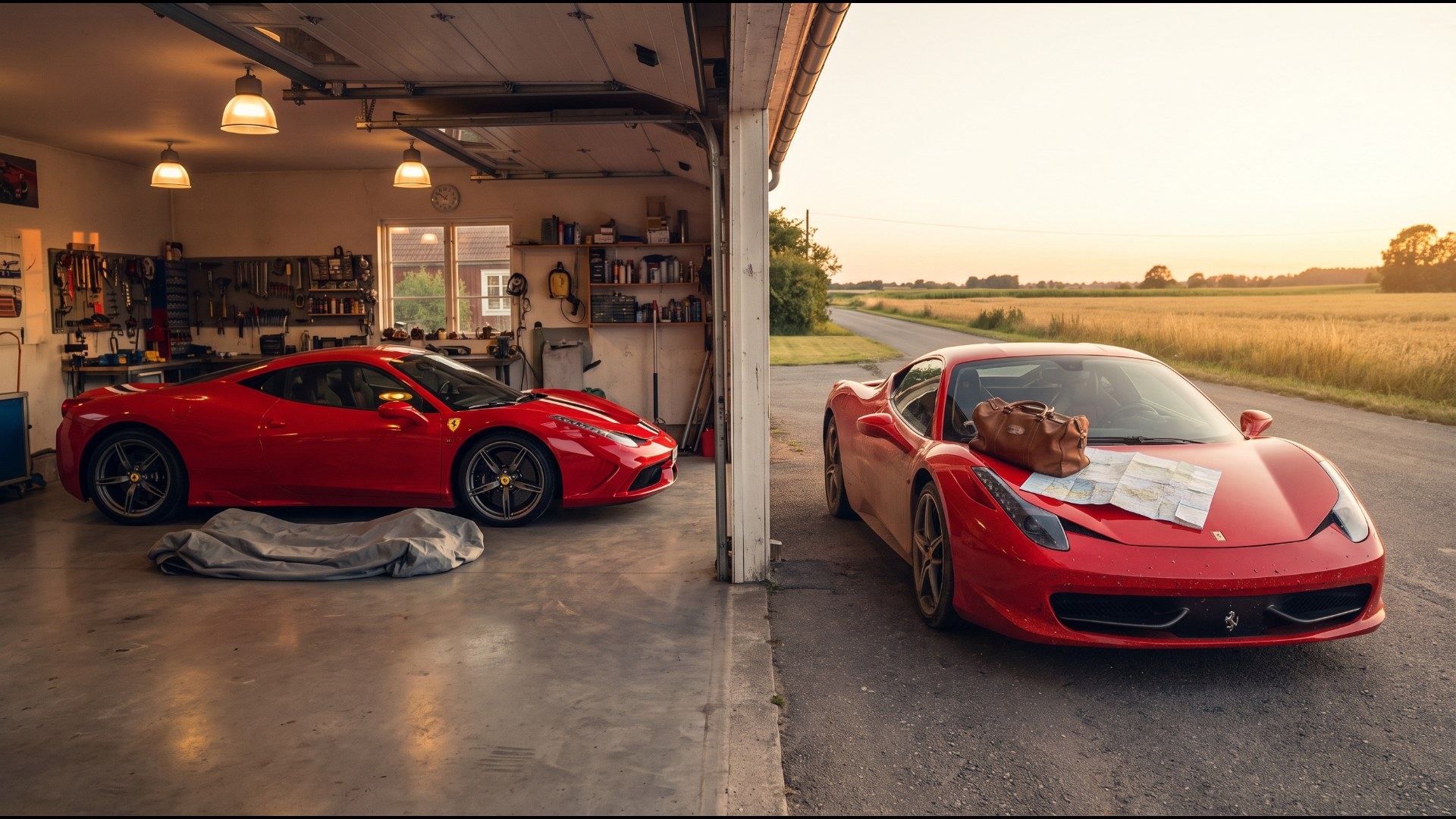 Two red Ferrari 458s at sunset, one spotless inside a garage beside a folded cover, the other outside with dust and a duffel bag on its hood