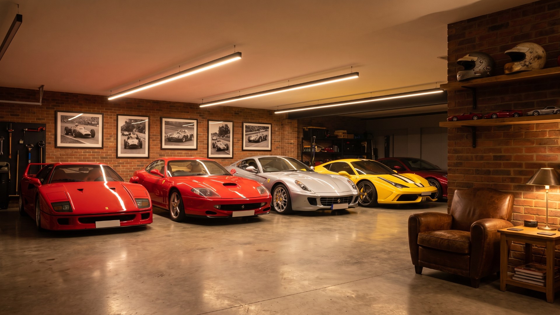 Five Ferraris, including an F40 and a 550 Maranello, parked in a private brick-walled garage