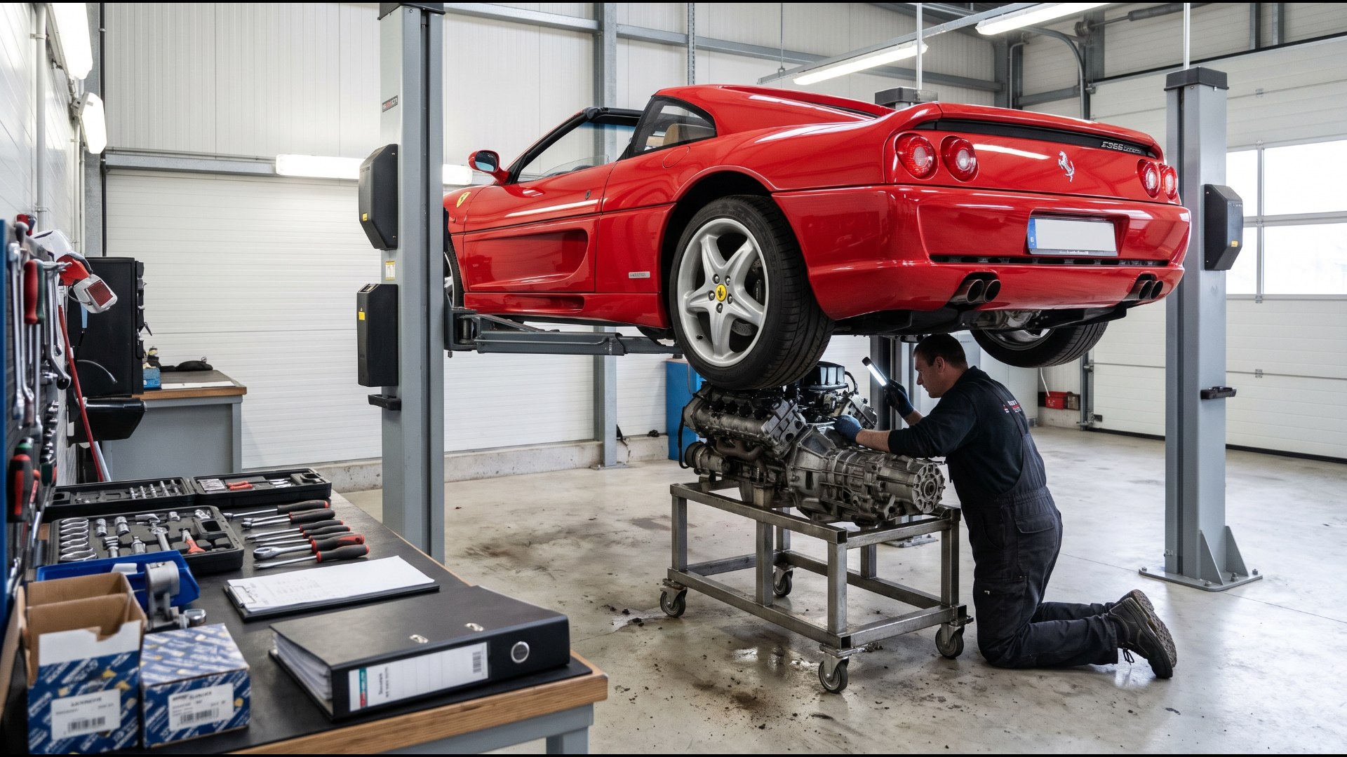 Red Ferrari F355 GTS on a lift with its engine lowered onto a cradle for a timing-belt service