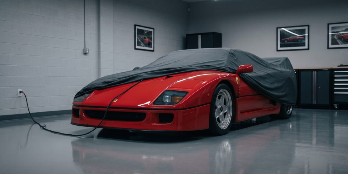 Red Ferrari F40 partly covered by a gray car cover in a climate-controlled garage, a battery tender lead running to the nose