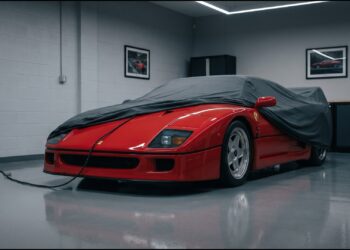 Red Ferrari F40 partly covered by a gray car cover in a climate-controlled garage, a battery tender lead running to the nose