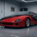 Red Ferrari F40 partly covered by a gray car cover in a climate-controlled garage, a battery tender lead running to the nose