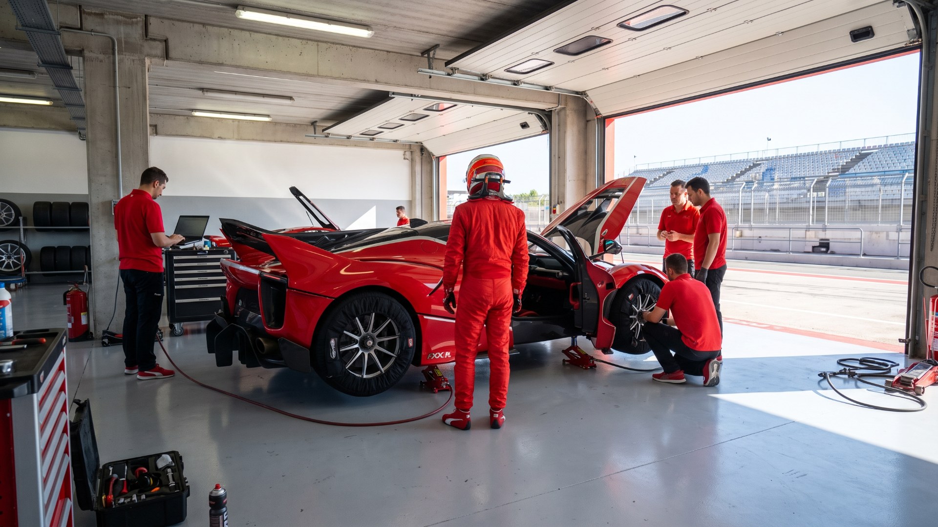 Technicians work on a red Ferrari FXX-K Evo in a circuit pit garage while its driver stands beside it