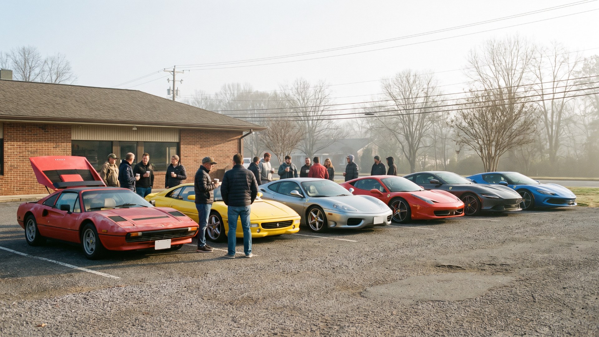 Owners talk over coffee beside six Ferraris from different decades parked outside a small cafe