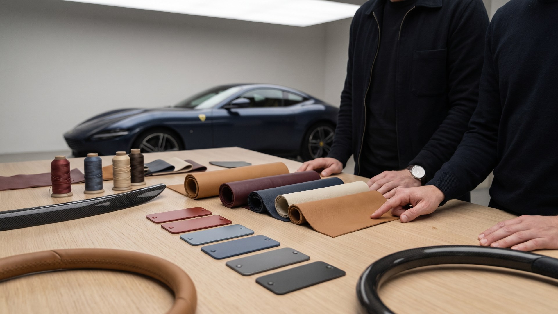 Leather swatches, paint sample plates and stitching thread on a table, with a dark blue Ferrari Roma in the background
