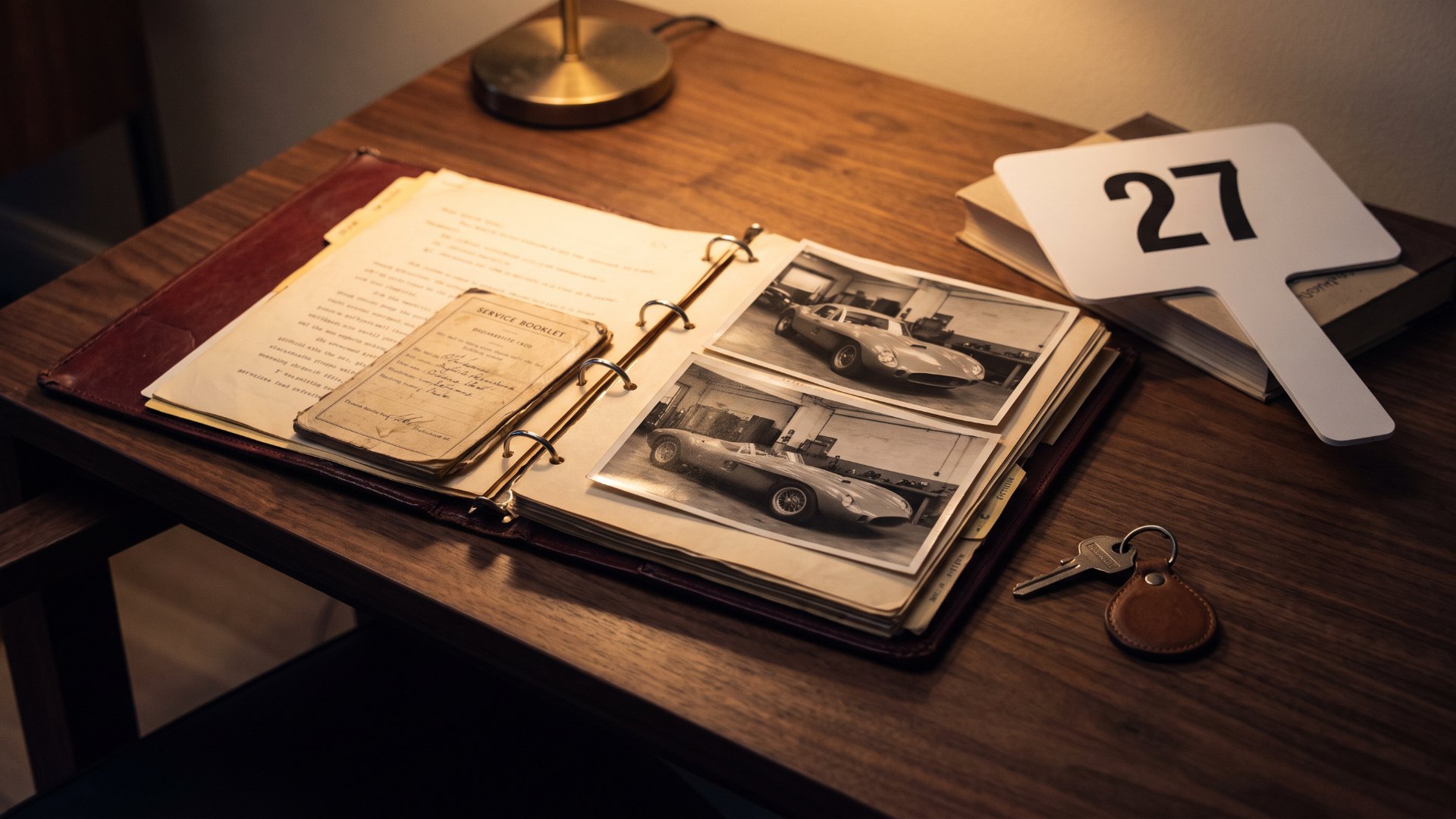Illustration of a leather binder with build sheets, a service booklet and black-and-white photos of a 1950s sports-racing car, beside a period car key and a bidder paddle numbered 27
