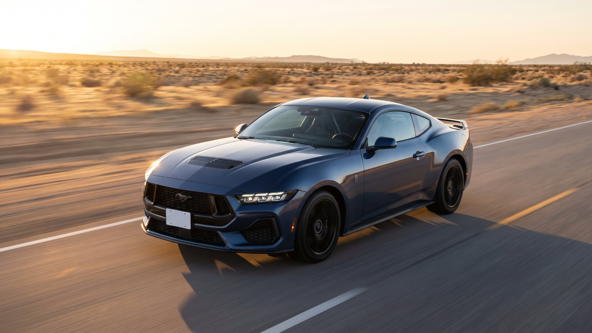 Dark blue Ford Mustang Dark Horse on a desert highway at sunset