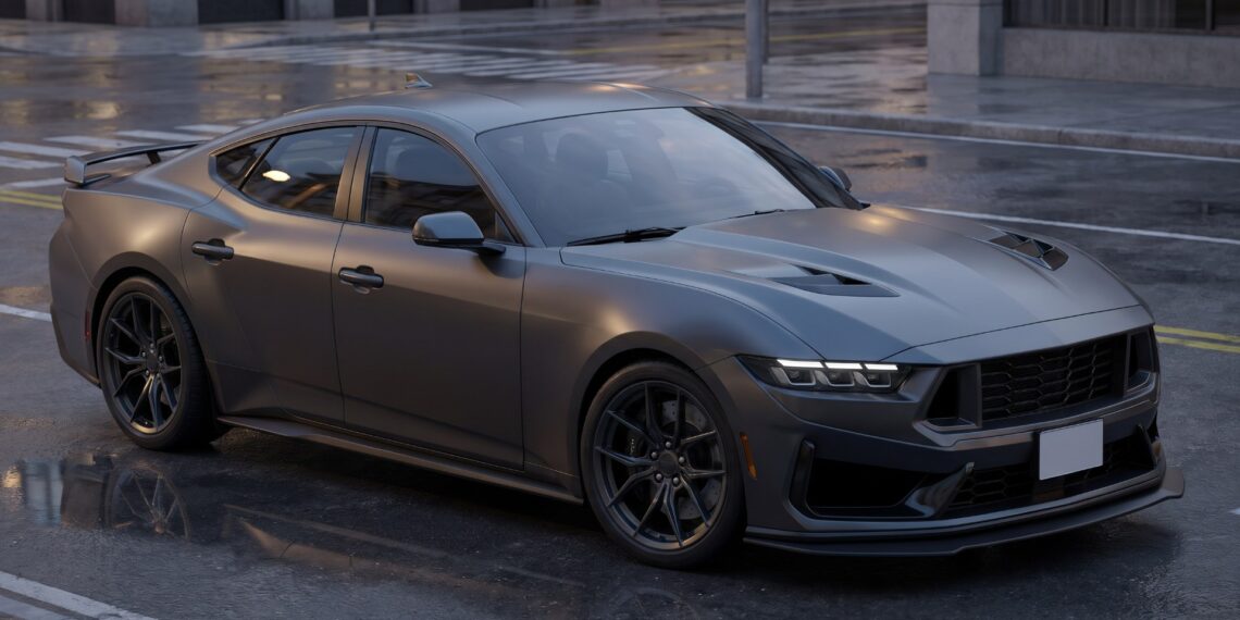 Illustration of a hypothetical dark gray four-door Ford Mustang sedan with supercharged Dark Horse styling, front three-quarter view