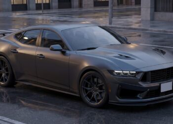 Illustration of a hypothetical dark gray four-door Ford Mustang sedan with supercharged Dark Horse styling, front three-quarter view