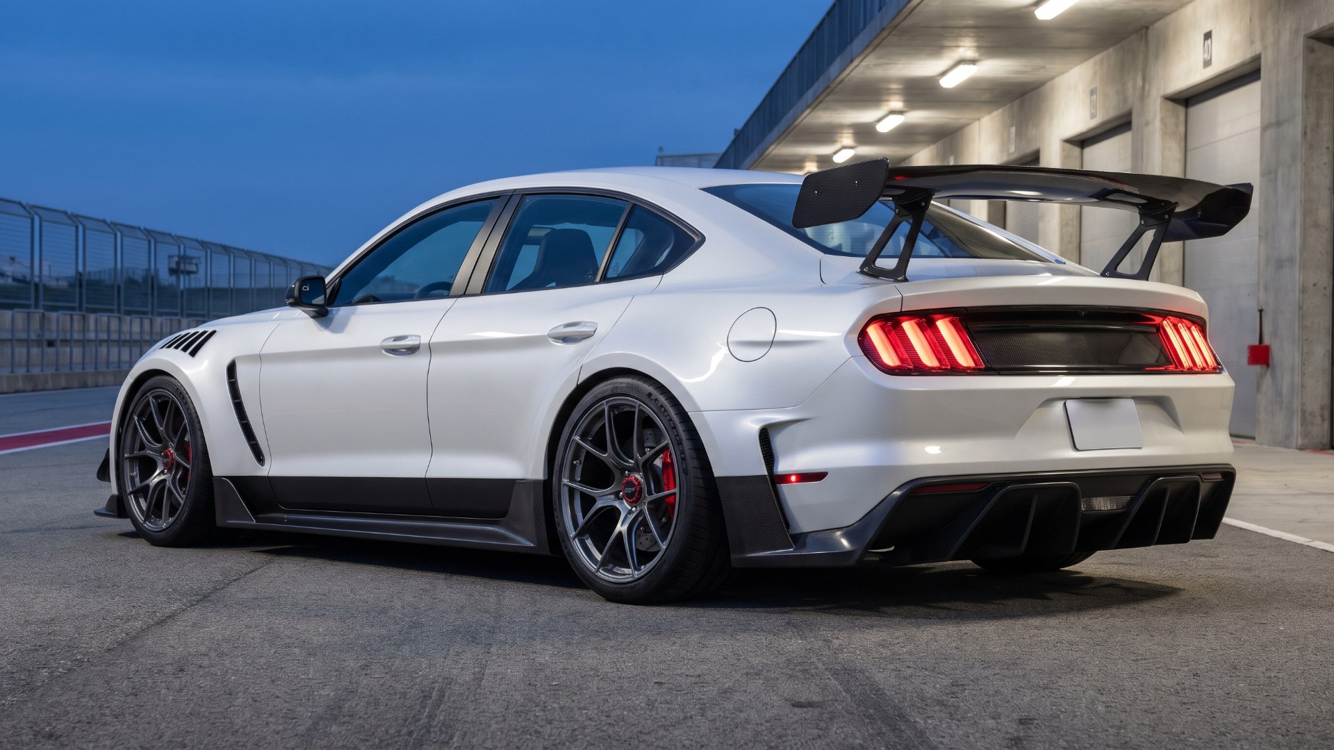 Illustration of a hypothetical white four-door Mustang GTD-style sedan with a large carbon rear wing and diffuser, low rear three-quarter view in a pit lane