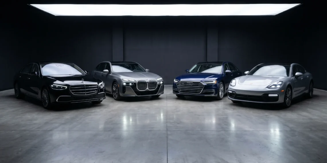 Illustration of a black Mercedes-Benz S-Class, grey BMW i7, blue Audi A8 and silver Porsche Panamera parked in a dark studio