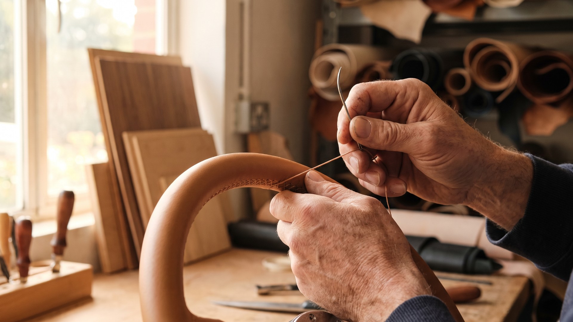 Artisan hand-stitching tan leather onto a steering wheel rim in a workshop with wood veneers and leather hides behind