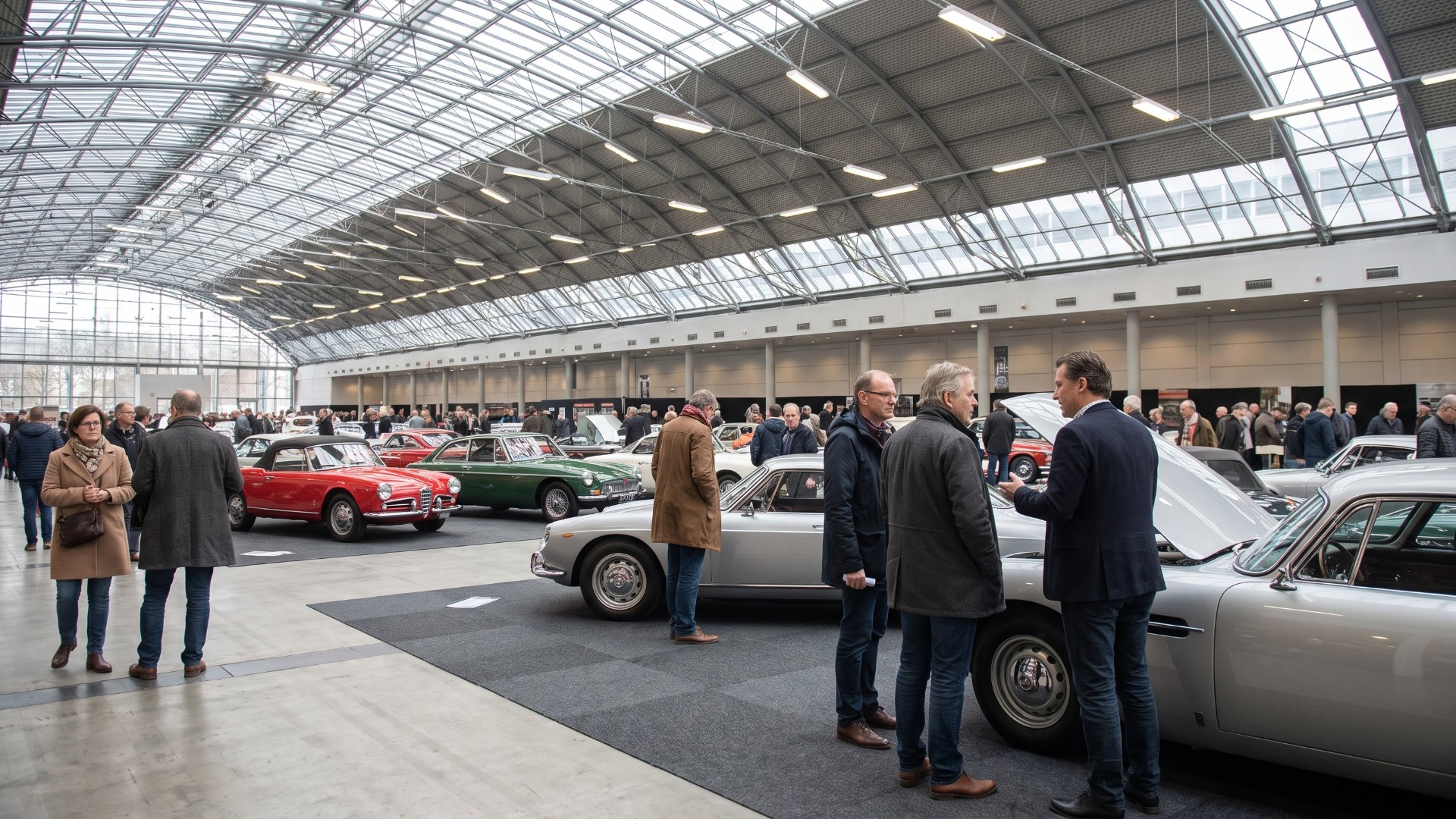 Visitors and a dealer talk beside classic sports cars on carpeted stands inside a glass-roofed exhibition hall