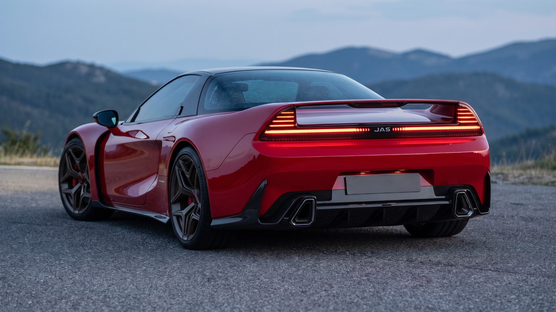 Rear of a red JAS Tensei at dusk showing its full-width LED tail light bar and integrated wing