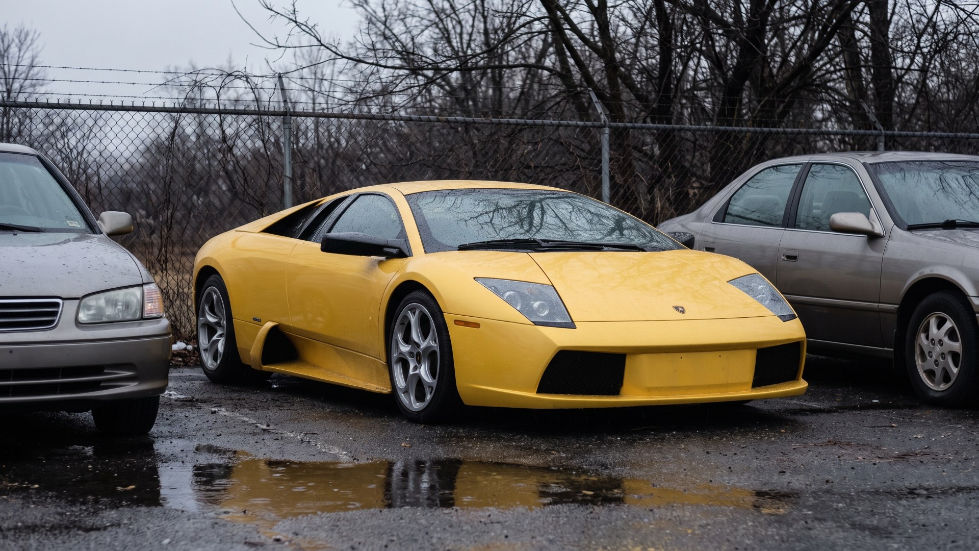 Yellow early Lamborghini Murciélago parked between two ordinary sedans on a wet used-car lot