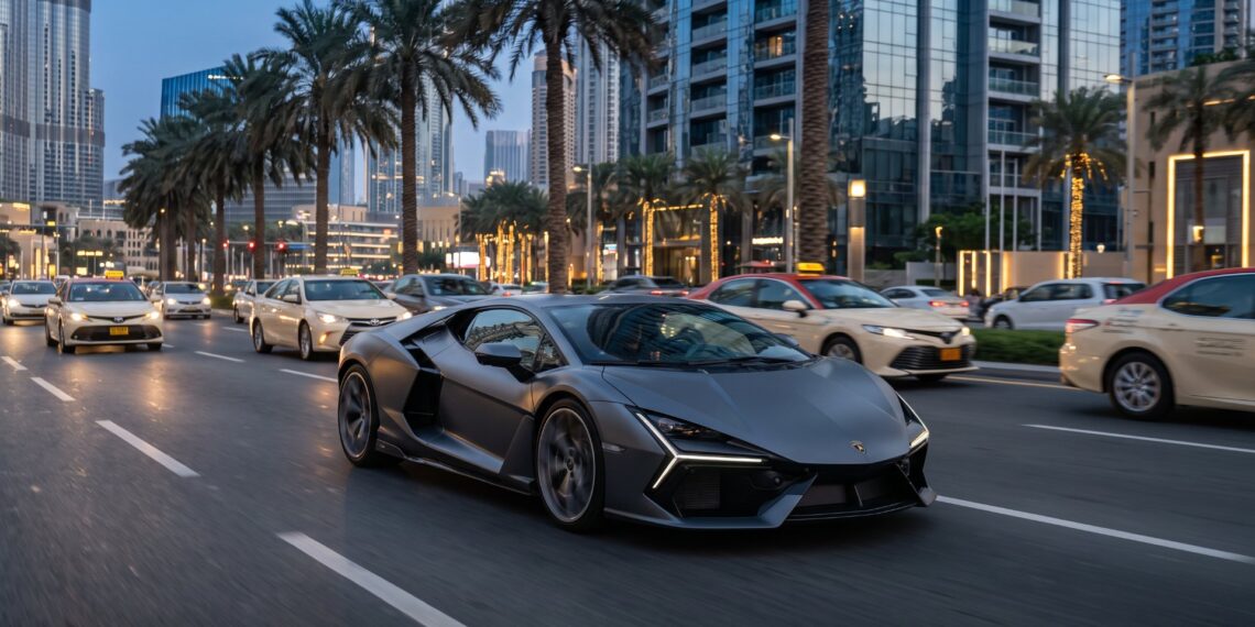 Illustration of a grey Lamborghini Temerario driving along a palm-lined boulevard in Downtown Dubai at dusk, with taxis and glass towers behind it