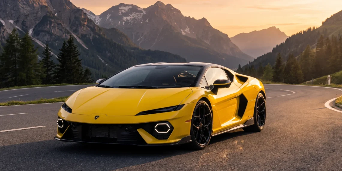 Yellow Lamborghini Temerario with a black roof on a mountain road at sunset
