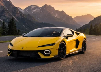 Yellow Lamborghini Temerario with a black roof on a mountain road at sunset