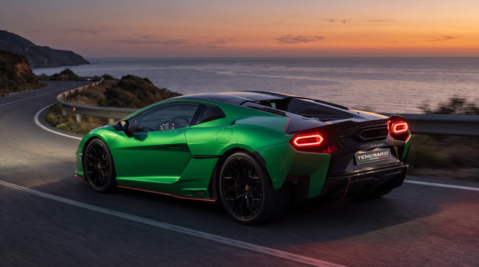 Green Lamborghini Temerario with a black roof and black rear section on a coastal road at dusk