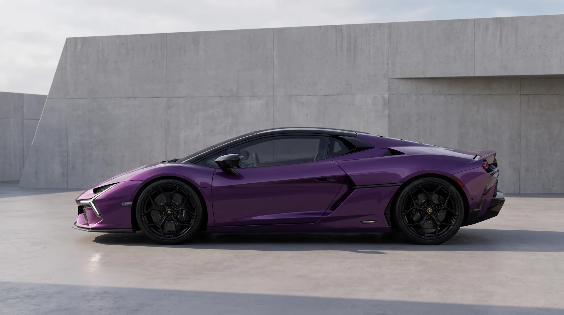 Purple Lamborghini Temerario with a black roof in side profile against a concrete wall